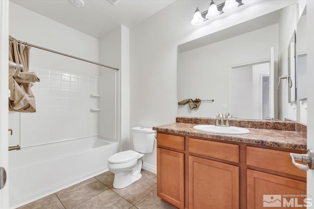 full bathroom with shower / bathing tub combination, vanity, toilet, and tile patterned floors