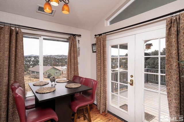 dining room with a mountain view, wood-type flooring, and lofted ceiling