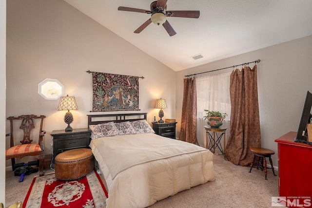 carpeted bedroom featuring ceiling fan and lofted ceiling