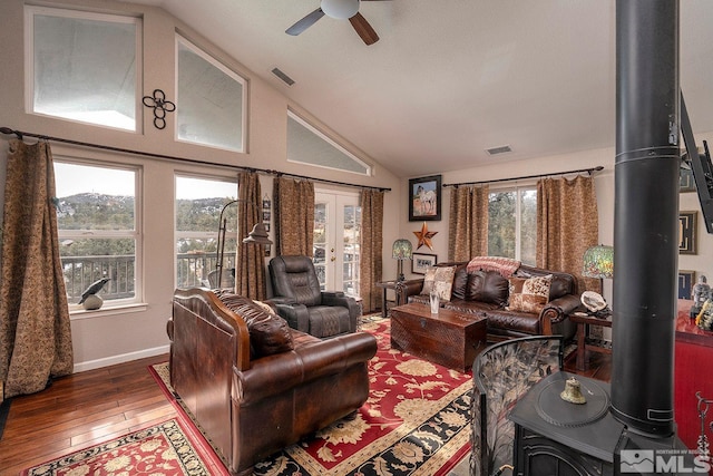 living room featuring lofted ceiling, dark hardwood / wood-style flooring, a wood stove, and a wealth of natural light