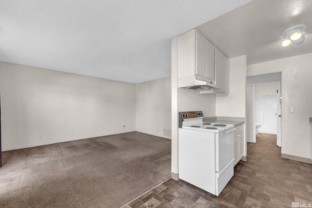 kitchen with white cabinets, dark carpet, a textured ceiling, and white range with electric cooktop