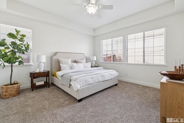 bedroom featuring light carpet, a tray ceiling, and ceiling fan