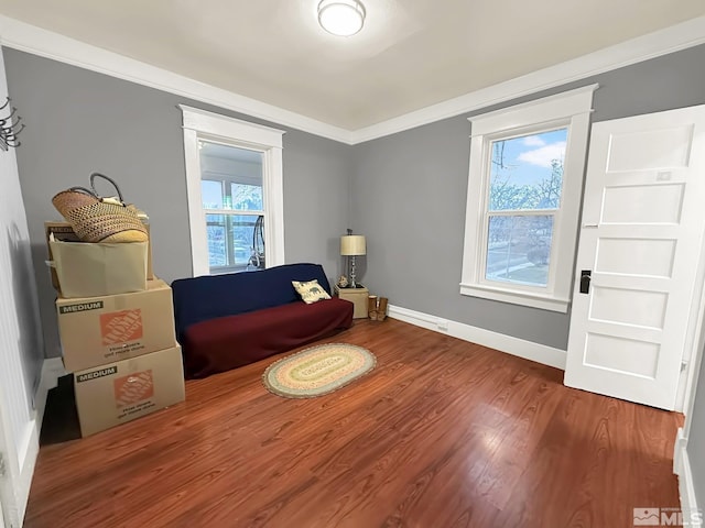 sitting room featuring hardwood / wood-style flooring and ornamental molding