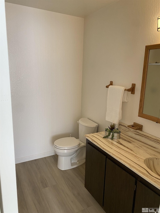 bathroom featuring toilet, wood-type flooring, and vanity