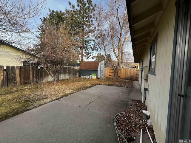 view of patio / terrace with a storage shed