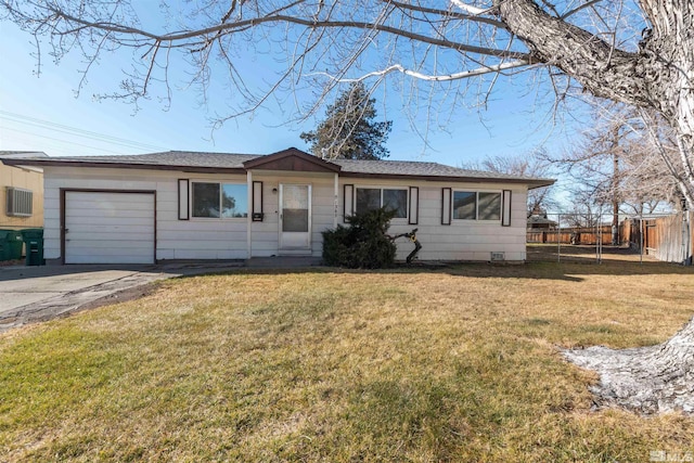 single story home with a garage and a front lawn