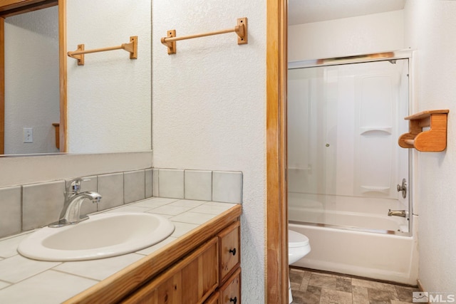 full bathroom with vanity, toilet, shower / tub combination, and decorative backsplash