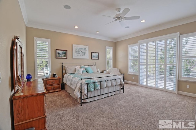 bedroom with access to exterior, ceiling fan, light carpet, and ornamental molding