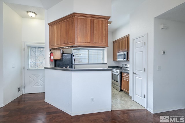 kitchen featuring kitchen peninsula, hardwood / wood-style floors, and stainless steel appliances