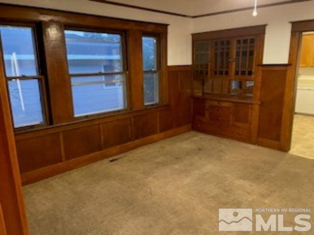 carpeted spare room featuring wooden walls