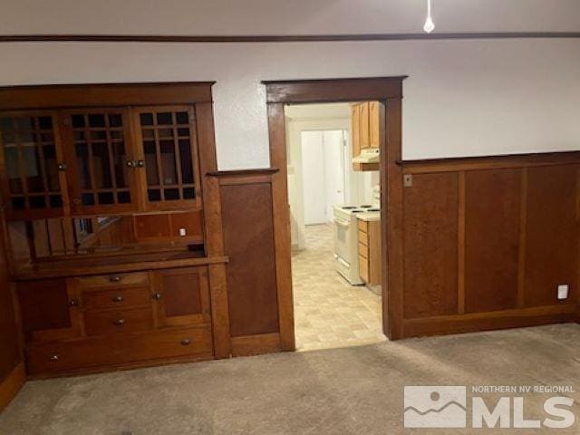 interior space featuring light carpet and wooden walls