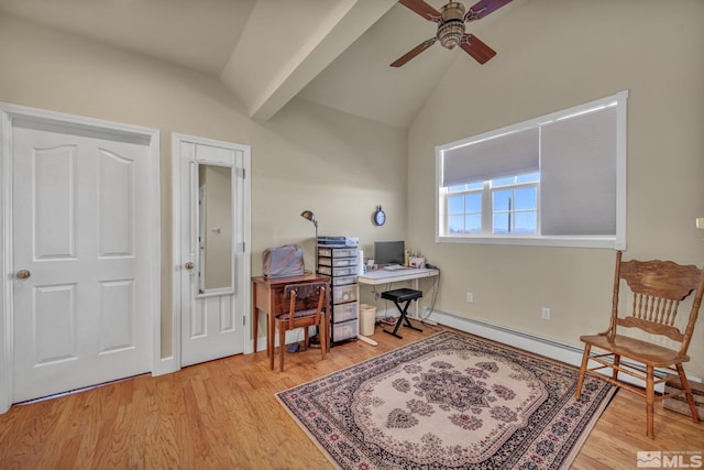 office with baseboard heating, ceiling fan, lofted ceiling, and light wood-type flooring