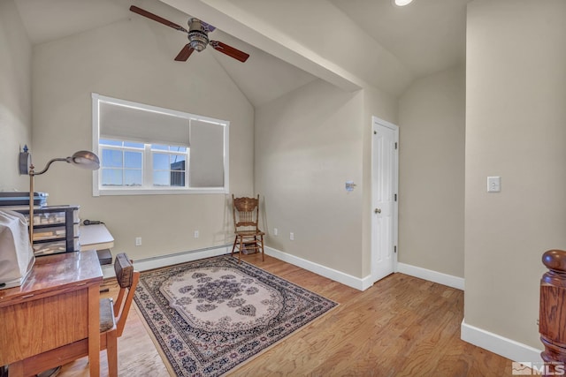 home office featuring ceiling fan, vaulted ceiling, light hardwood / wood-style flooring, and a baseboard radiator