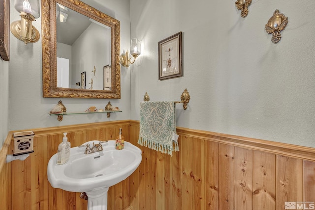 bathroom featuring wood walls and sink