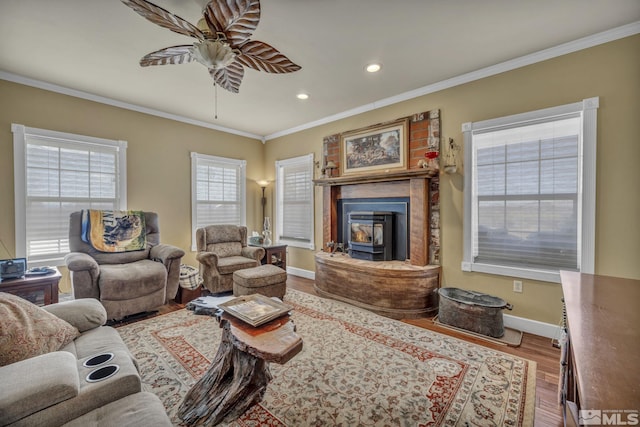 living room with hardwood / wood-style floors, a wood stove, crown molding, and a wealth of natural light