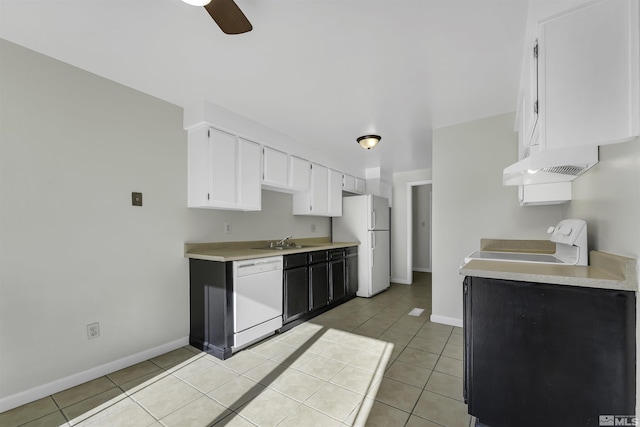 kitchen featuring light tile patterned flooring, white appliances, ceiling fan, white cabinets, and range hood