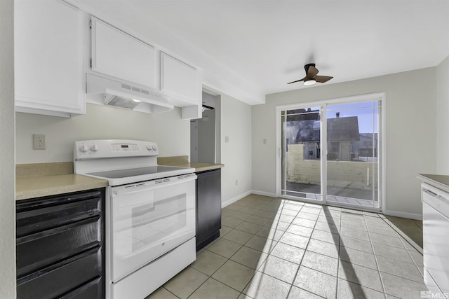 kitchen with white appliances, extractor fan, ceiling fan, light tile patterned floors, and white cabinetry