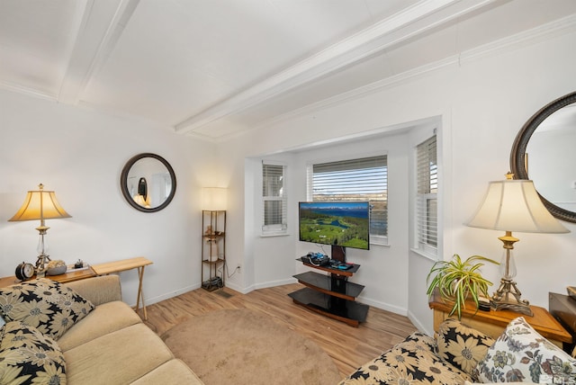 living room with beam ceiling, light hardwood / wood-style floors, and ornamental molding