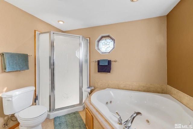 bathroom featuring tile patterned floors, separate shower and tub, and toilet