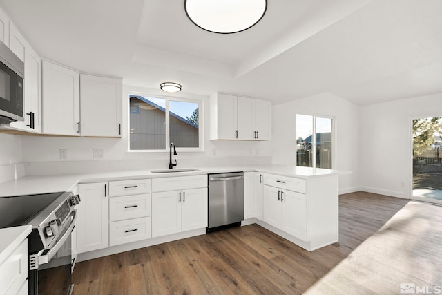 kitchen featuring a raised ceiling, white cabinetry, sink, and appliances with stainless steel finishes