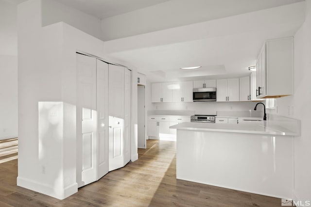 kitchen featuring stainless steel appliances, white cabinetry, hardwood / wood-style flooring, and sink