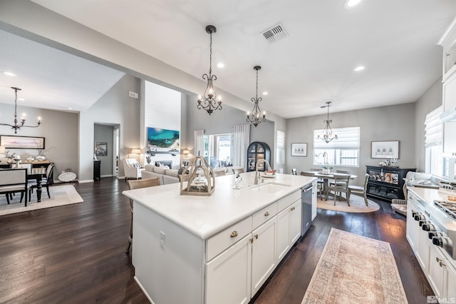 kitchen featuring pendant lighting, white cabinetry, and a kitchen island with sink