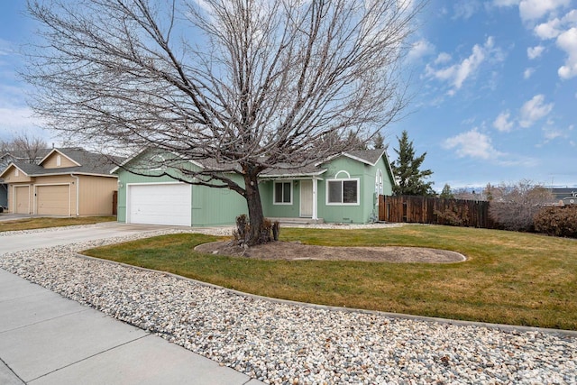 single story home featuring a front lawn and a garage