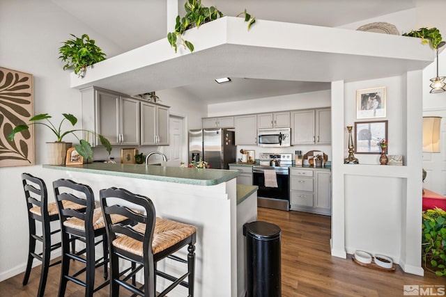 kitchen with a kitchen bar, kitchen peninsula, gray cabinetry, and stainless steel appliances