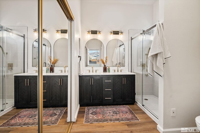 bathroom with vanity, wood-type flooring, and walk in shower