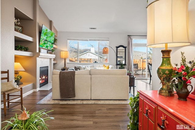 living room with dark wood-type flooring