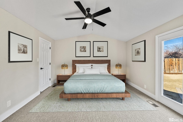 carpeted bedroom featuring access to outside, ceiling fan, and lofted ceiling