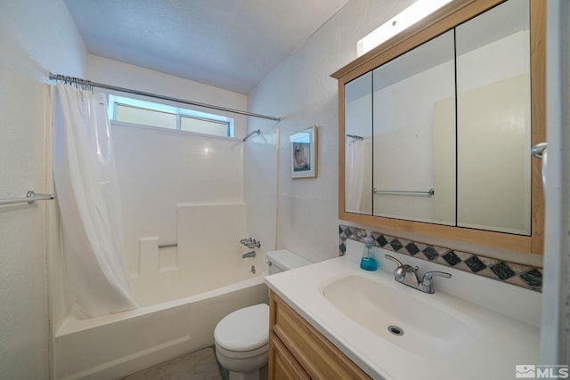 full bathroom with vanity, toilet, and shower / bathtub combination with curtain