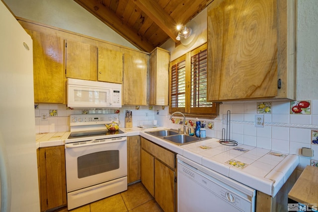 kitchen featuring sink, vaulted ceiling with beams, white appliances, light tile patterned flooring, and wood ceiling