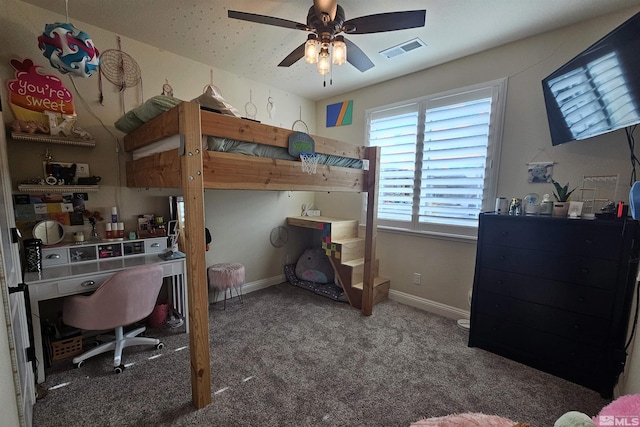 bedroom with ceiling fan and carpet