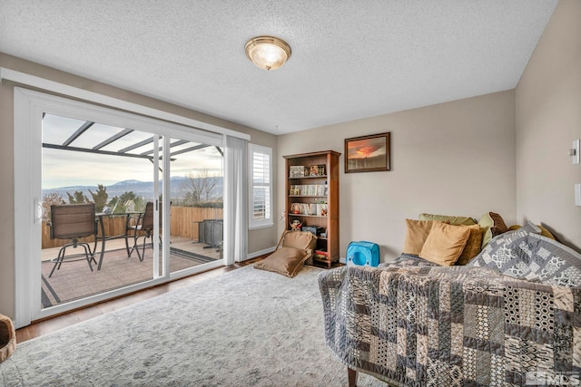 interior space with a mountain view, a textured ceiling, and access to outside