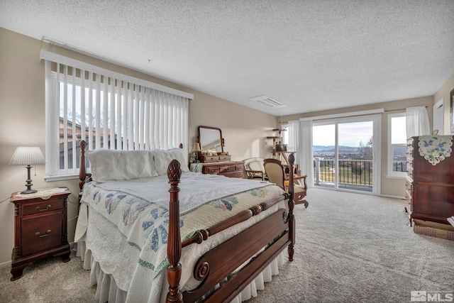 bedroom with light carpet, a textured ceiling, and access to outside