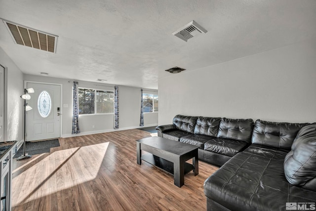 living room with wood-type flooring and a textured ceiling