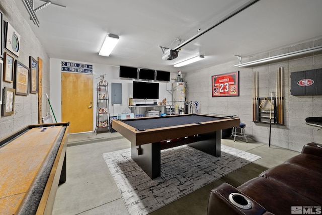 playroom with electric panel, water heater, and pool table