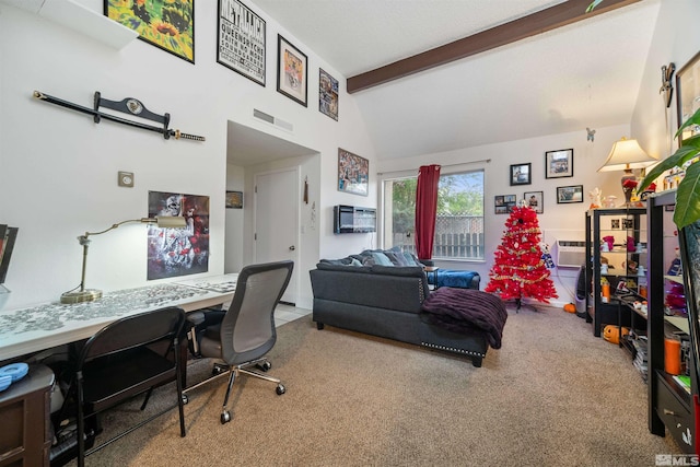 interior space with beam ceiling and high vaulted ceiling