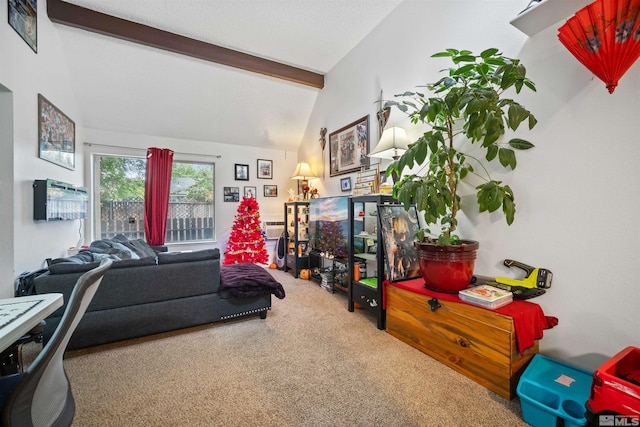 carpeted living room with vaulted ceiling with beams