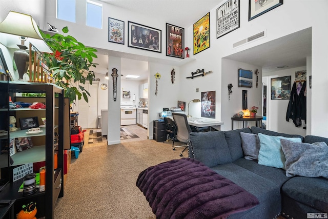 living room with a towering ceiling
