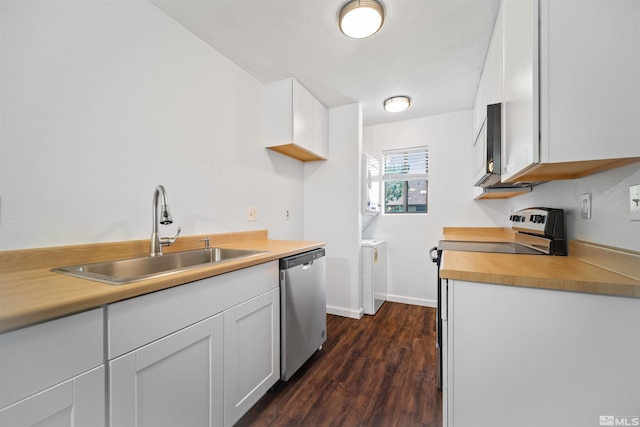 kitchen featuring white cabinetry, dark hardwood / wood-style flooring, dishwasher, and sink