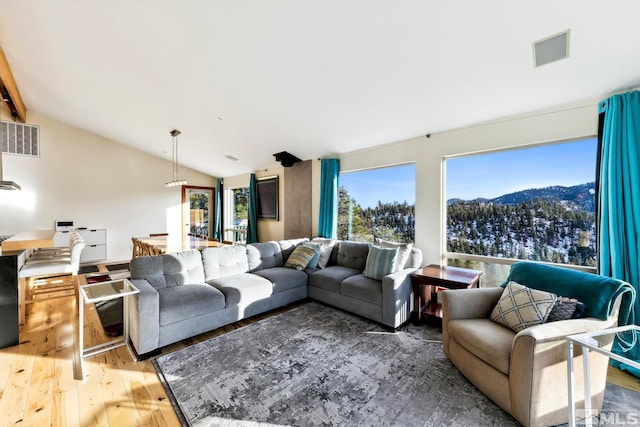 living room featuring a mountain view, wood-type flooring, lofted ceiling, and a wealth of natural light