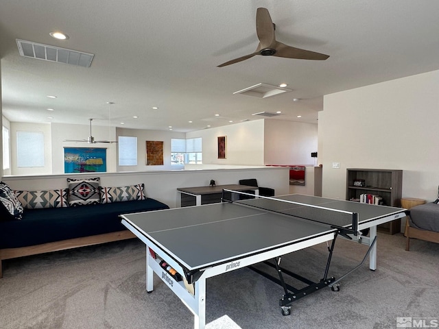 playroom featuring carpet flooring and ceiling fan