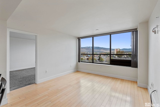 spare room with a mountain view and light hardwood / wood-style floors