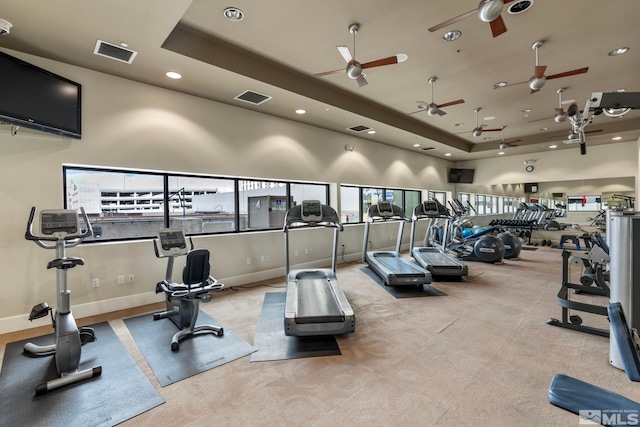 workout area featuring a tray ceiling and ceiling fan