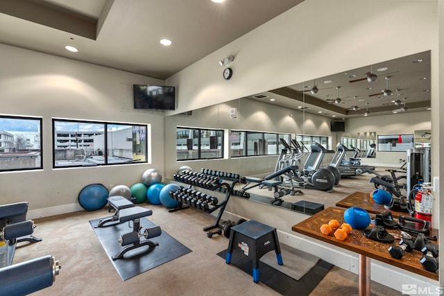 workout area with carpet and a towering ceiling