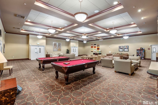 game room featuring coffered ceiling, a raised ceiling, ornamental molding, and billiards