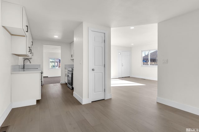 hallway with sink and light hardwood / wood-style flooring