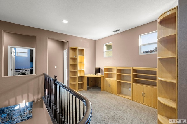 interior space with washer / clothes dryer and light colored carpet